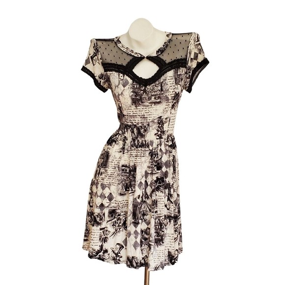 Hot Topic Dresses & Skirts - Hot Topic Ivory Black Alice In Wonderland Storybook Tea Party Fit Flare Dress